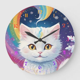 Cute White Cat Large Clock