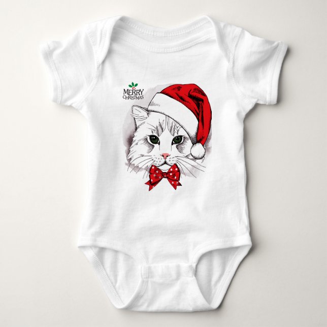 Cute White Cat Merry Christmas Baby Bodysuit (Front)