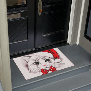 Cute White Cat Merry Christmas Doormat