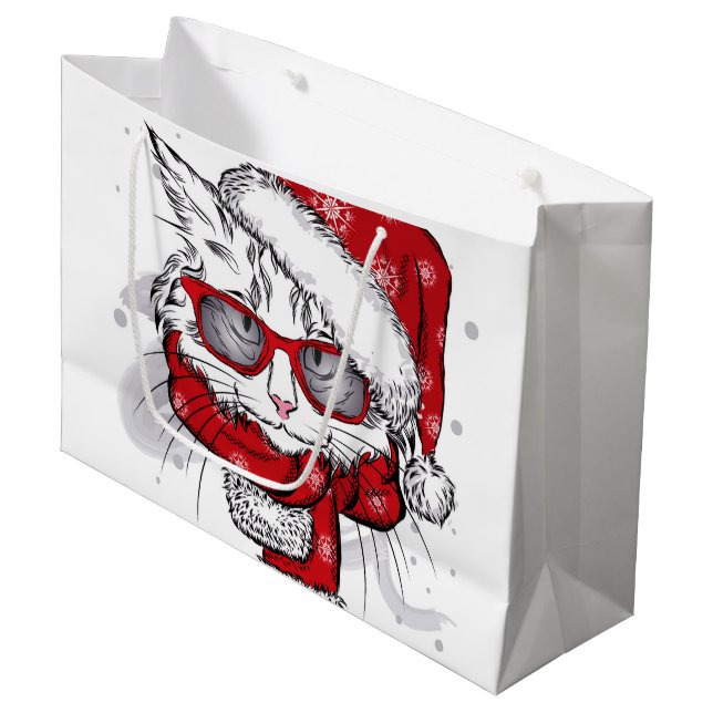 Cute White Cat Merry Christmas Large Gift Bag (Front Angled)