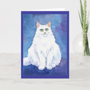 Cute white cat or kitten watercolor greeting card