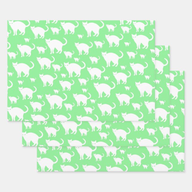 Cute White Cat Pattern, Green Background Wrapping Paper Sheet (Set)