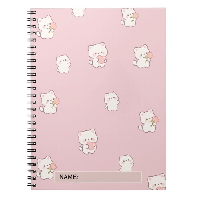 Cute White Cat Pattern – Kawaii Hearts & Flowers  Notebook (Front)