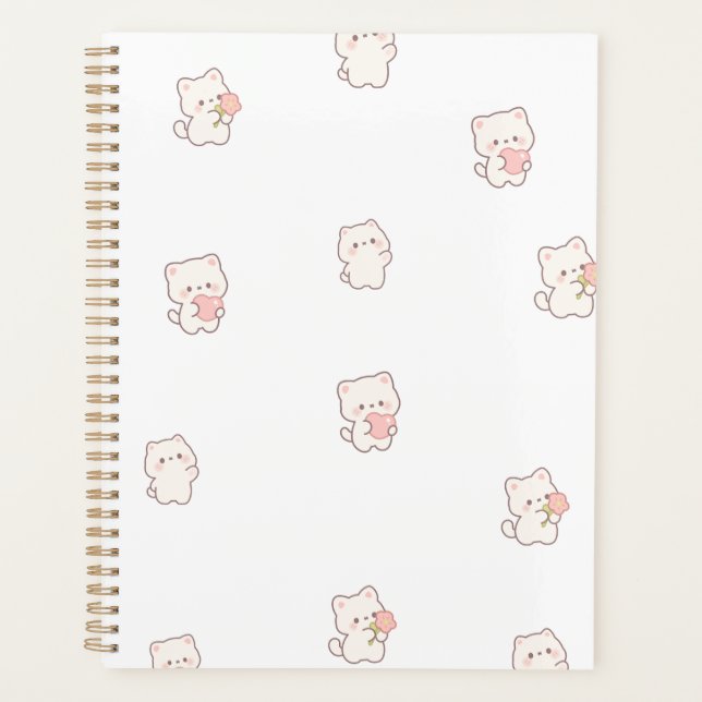 Cute White Cat Pattern – Kawaii Hearts & Flowers  Planner (Front)