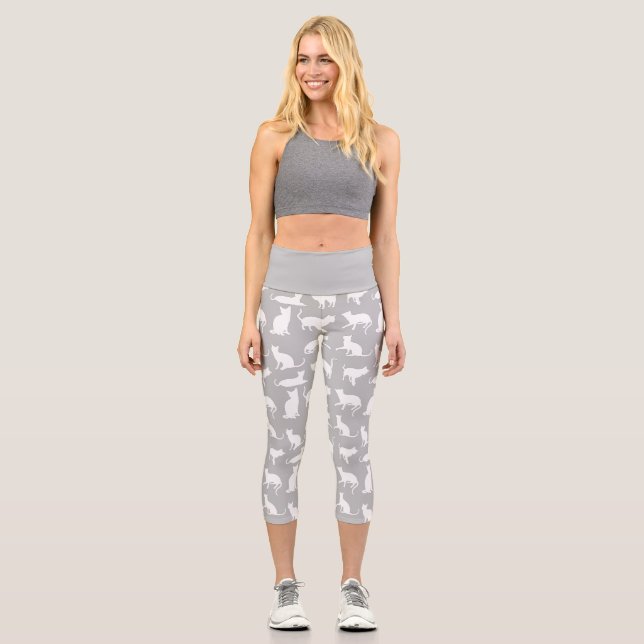 Cute White Cat Pattern Light Grey  Capri Leggings (Front)