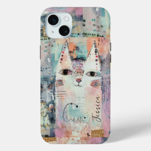 Cute White Cat Personalised iPhone 15 Mini Case