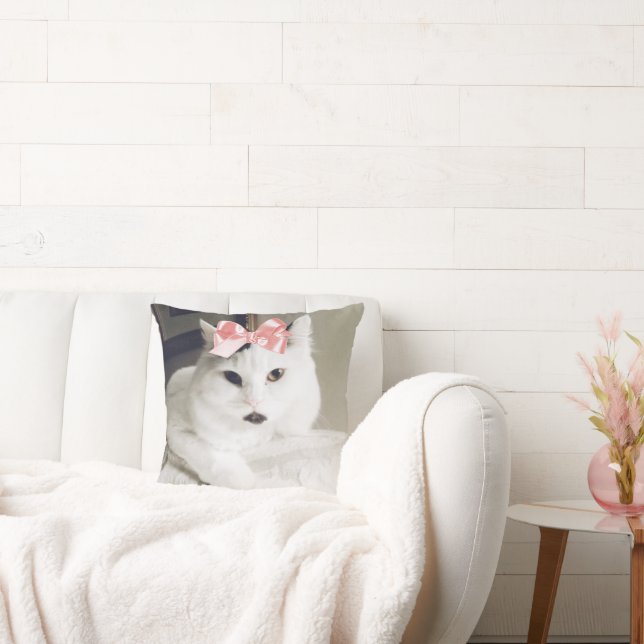 Cute White Cat Pet Custom Photo Throw Pillow (Couch)