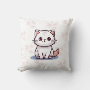 Cute White Cat Pillow – Pink Floral Design