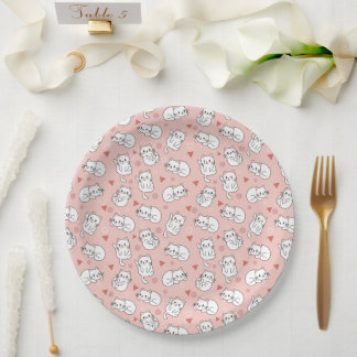 Cute White Cat Pink Background Themed Paper Plate