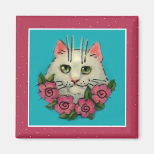Cute white cat, pink roses magnet