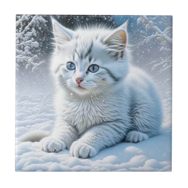 Cute White Cat Playing in the Snow Ceramic Tile (Front)