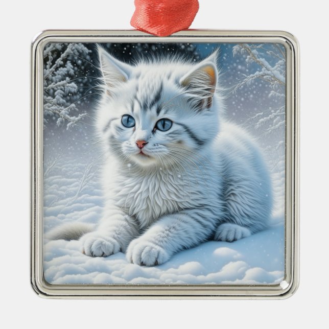 Cute White Cat Playing in the Snow Christmas Metal Ornament (Front)