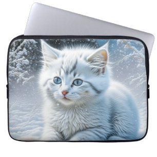 Cute White Cat Playing in the Snow Laptop Sleeve