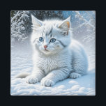 Cute White Cat Playing in the Snow Magnet<br><div class="desc">Pretty ai generated winter scene with a sweet white fluffy kitten playing in the snow.</div>