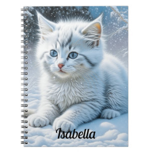 Cute White Cat Playing in the Snow Personalised Notebook