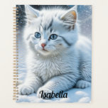 Cute White Cat Playing in the Snow Personalised Planner<br><div class="desc">Pretty ai generated winter scene with a sweet white fluffy kitten playing in the snow.</div>