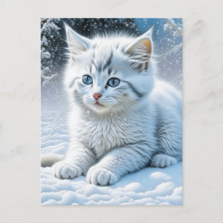 Cute White Cat Playing in the Snow Postcard