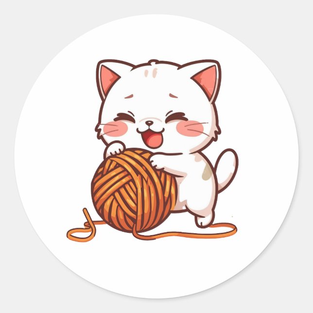 Cute White Cat Playing with Woolen Ball sticker (Front)
