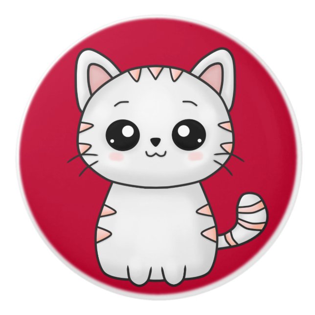 Cute White Cat Red Ceramic Knob (Front)