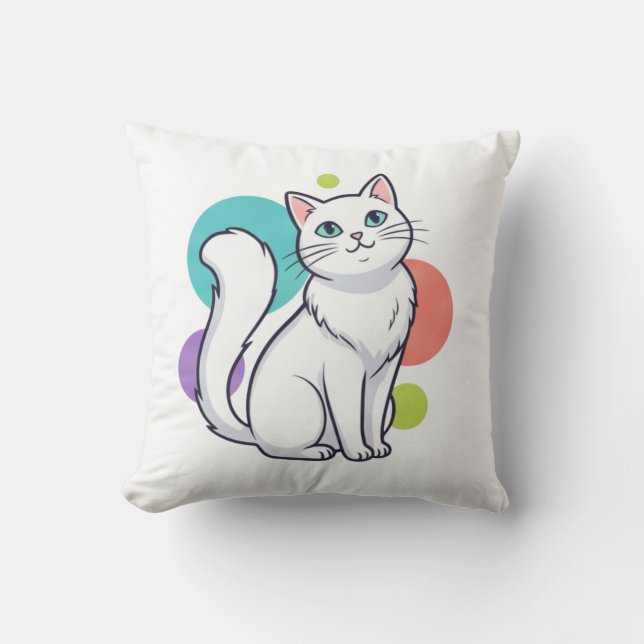 Cute White Cat Sitting Graphic Tee Cushion (Front)