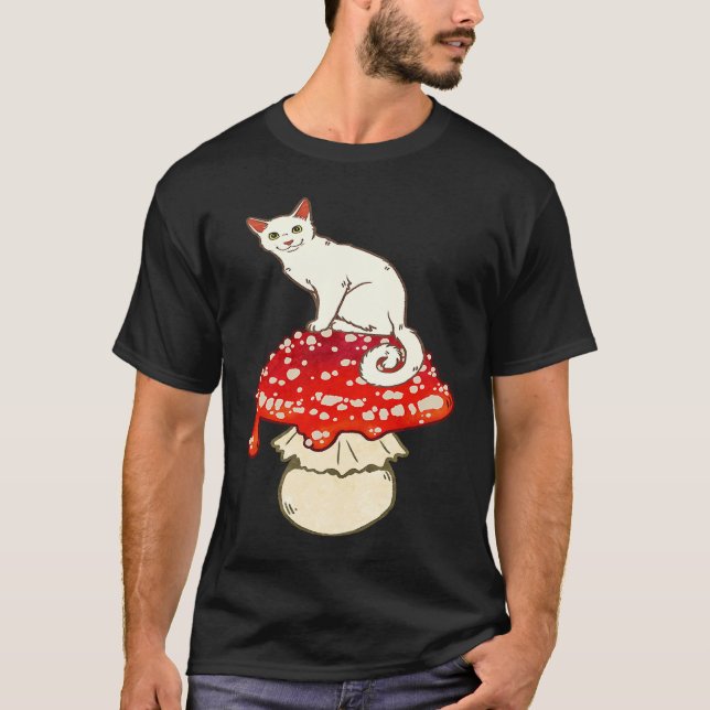Cute White Cat Sitting on Red Spotted Mushroom T-Shirt (Front)