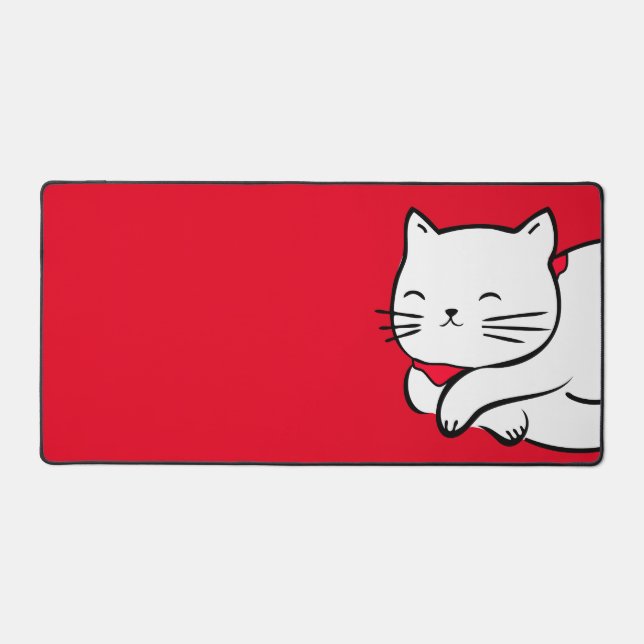 Cute White Cat Sleeping Desk Mat (Front)