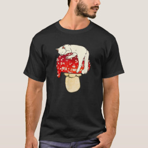 Cute White Cat Sleeping on Red Spotted Mushroom T-Shirt