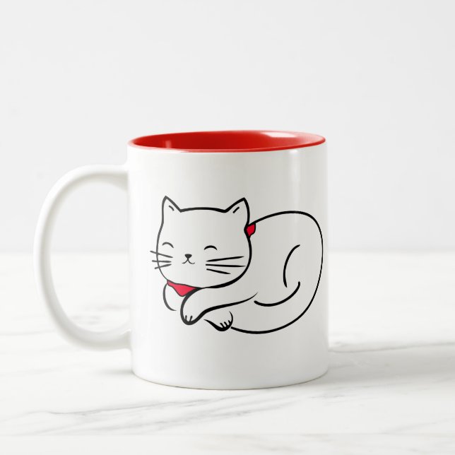 Cute White Cat Sleeping  Two-Tone Coffee Mug (Left)