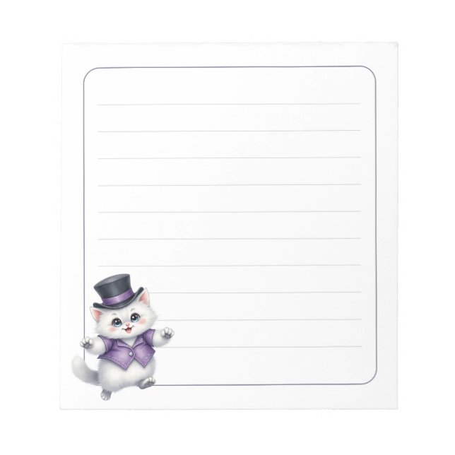 Cute White Cat Top Hat Whimsical Lined Notepad (Front)