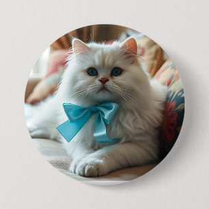 Cute White Cat with Blue Bow 7.5 Cm Round Badge