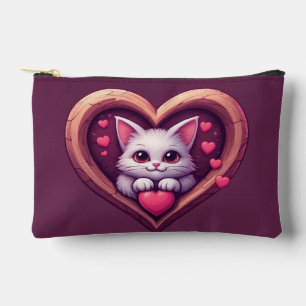 Cute White Cat with Heart Kawaii Kitty Love Design Accessory Pouch