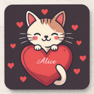 Cute White Cat with Heart Kawaii Kitty Love Design Coaster