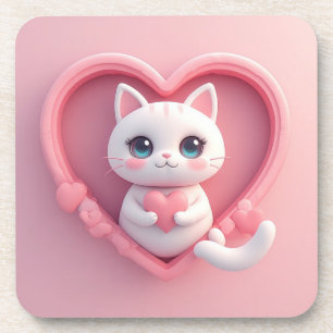 Cute White Cat with Heart Kawaii Kitty Love Design Coaster