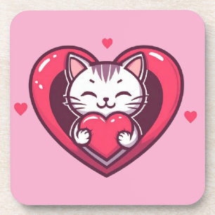Cute White Cat with Heart Kawaii Kitty Love Design Coaster