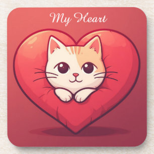 Cute White Cat with Heart Kawaii Kitty Love Design Coaster