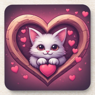 Cute White Cat with Heart Kawaii Kitty Love Design Coaster