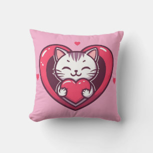 Cute White Cat with Heart Kawaii Kitty Love Design Cushion