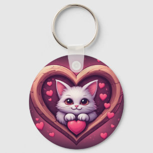 Cute White Cat with Heart Kawaii Kitty Love Design Key Ring
