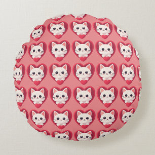 Cute White Cat with Heart Kawaii Kitty Love Design Round Cushion