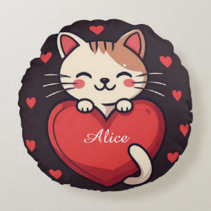 Cute White Cat with Heart Kawaii Kitty Love Design Round Cushion