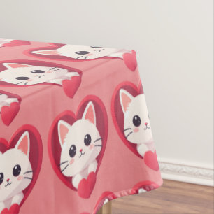 Cute White Cat with Heart Kawaii Kitty Love Design Tablecloth