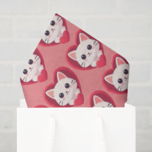 Cute White Cat with Heart Kawaii Kitty Love Design Tissue Paper