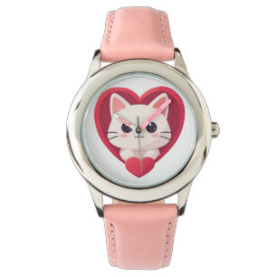 Cute White Cat with Heart Kawaii Kitty Love Design Watch