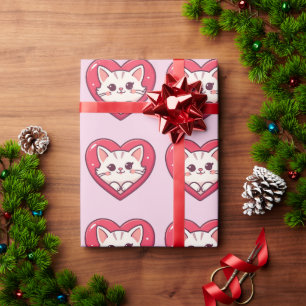 Cute White Cat with Heart Kawaii Kitty Love Design Wrapping Paper