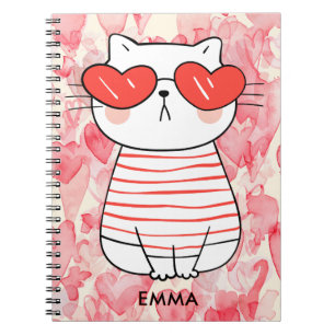 Cute white Cat with Hearts Eyeglasses Monogram Notebook