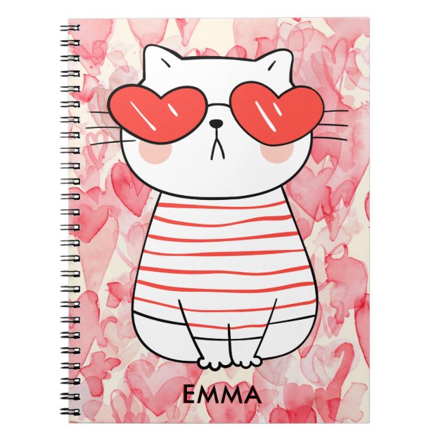 Cute white Cat with Hearts Eyeglasses Monogram Notebook (Front)
