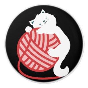 Cute white cat with yarn ball ceramic knob