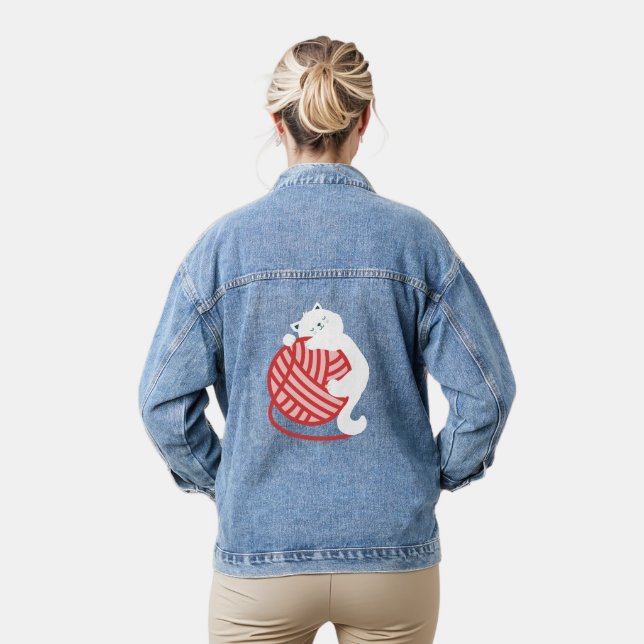 Cute white cat with yarn ball denim jacket (Model)