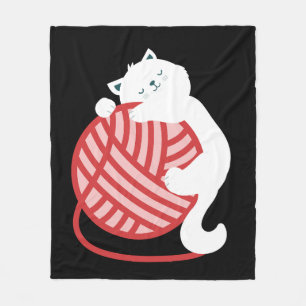 Cute white cat with yarn ball fleece blanket