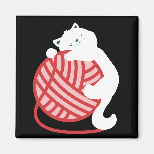 Cute white cat with yarn ball magnet (Front)